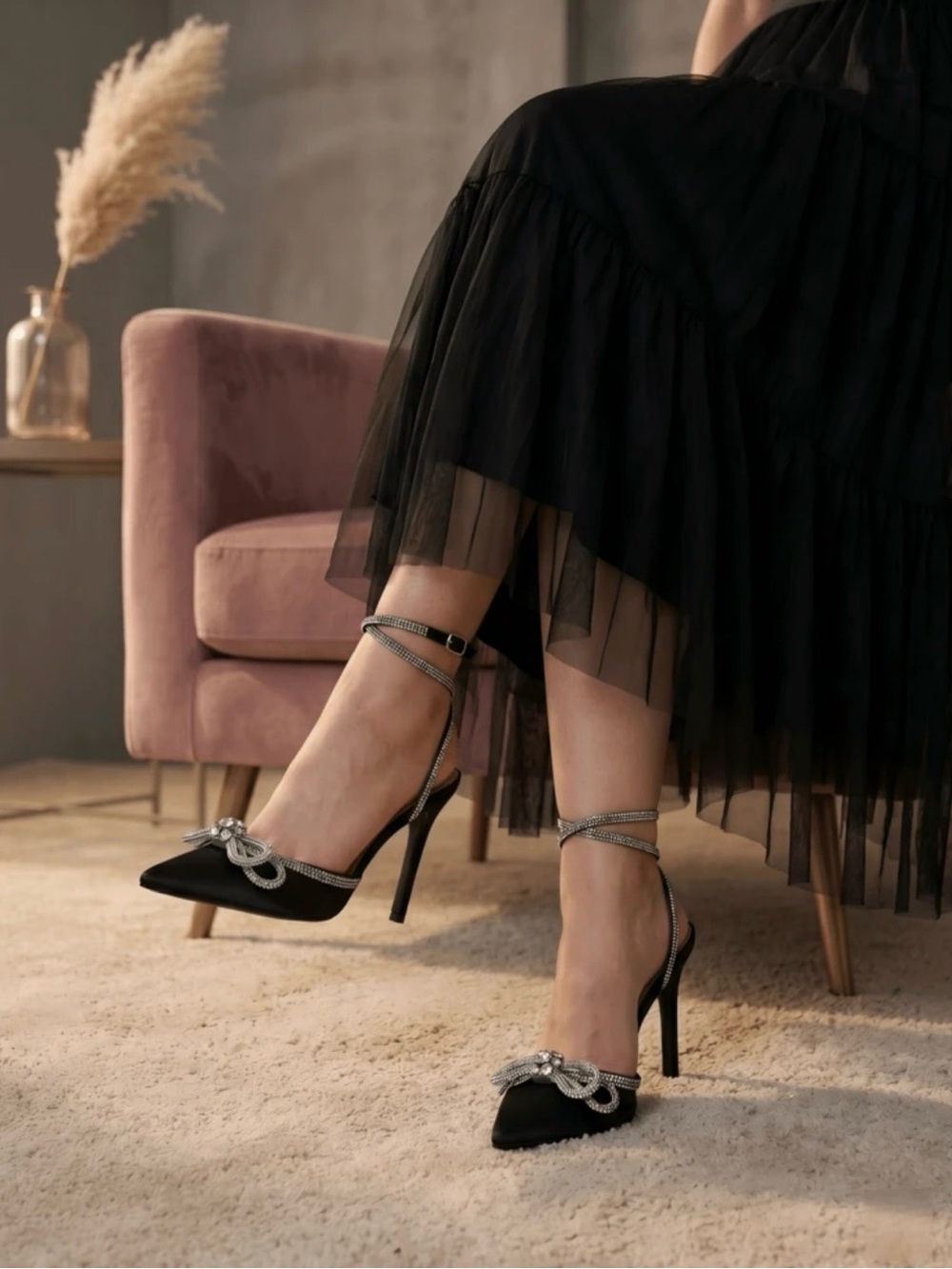 Satin Rhinestone Pointed-Toe Heels (4.2 inch heel)